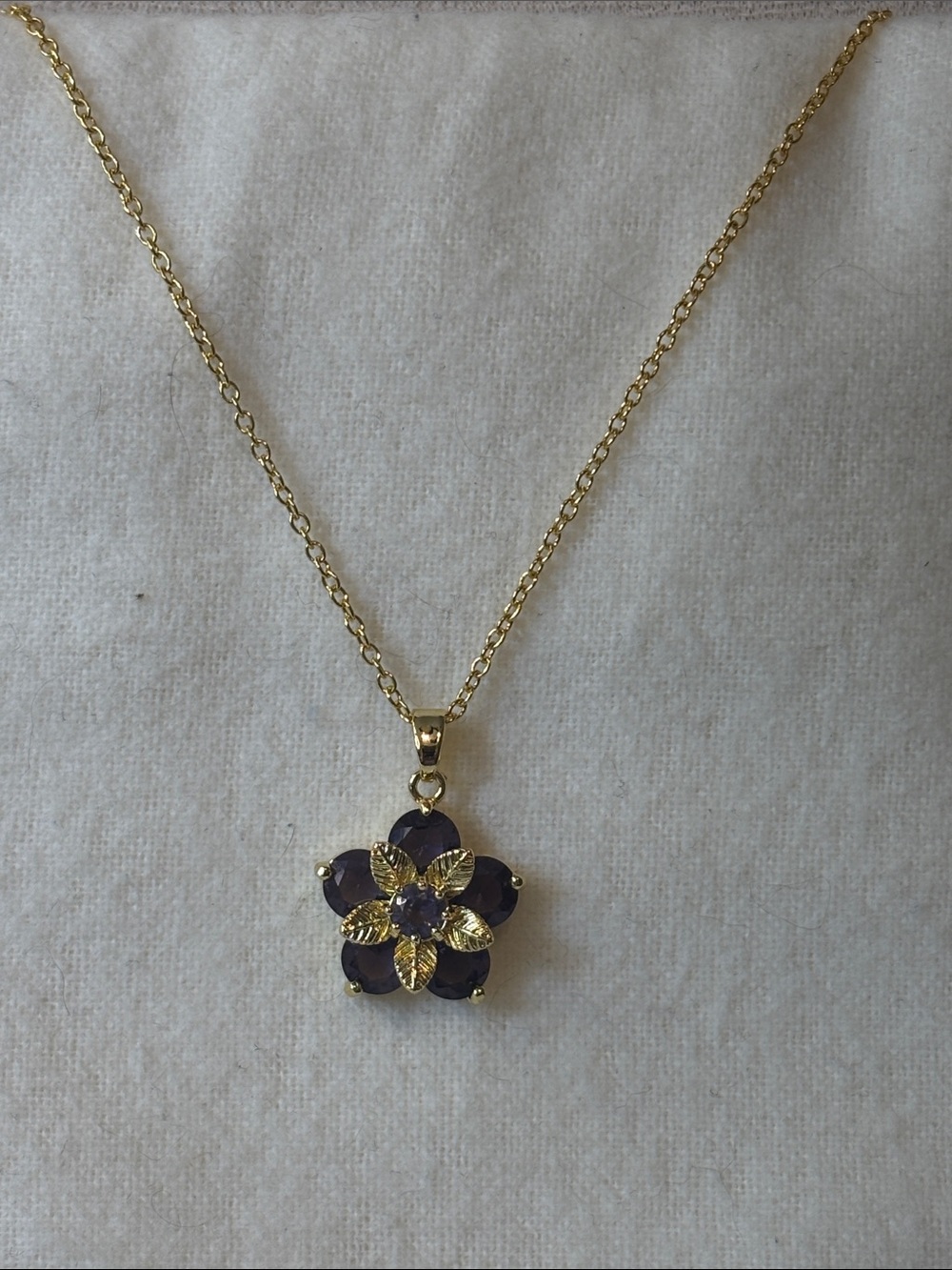 Purple CZ Floral Leaf Pendant Necklace Gold Tone